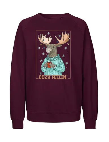 Cozy Feelin’ - moose, xmas, christmas, merry christmas, holiday, happy holidays, cocoa, chocolate, cozy christmas - Fairtrade Sweatshirt