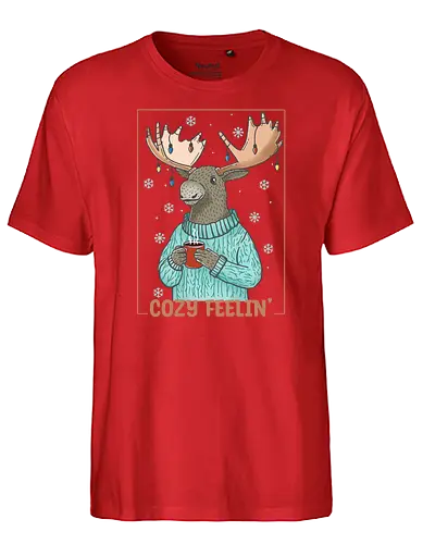 Cozy Feelin’ - moose, xmas, christmas, merry christmas, holiday, happy holidays, cocoa, chocolate, cozy christmas - Fairtrade T-Shirt