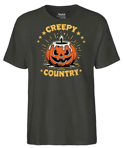Creepy Country - halloween, jack-o'-lantern, candle, spooky, stars, glow, night, orange, eerie, festive - Fairtrade T-Shirt