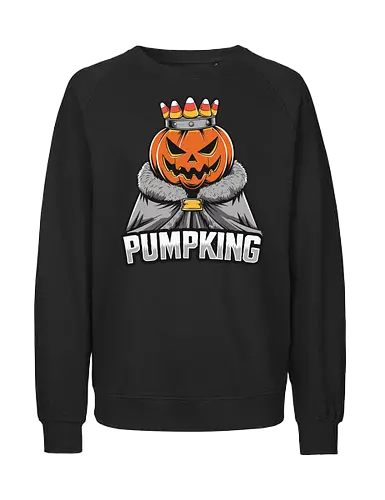PUMPKING - halloween, pumpkin, jack-o'-lantern, crown, candy corn, royalty, robe, text, graphic design - Fairtrade Sweatshirt
