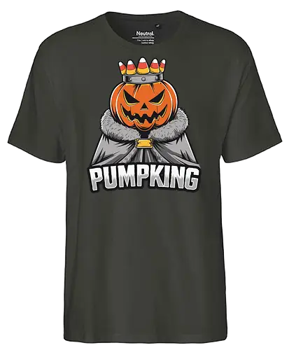 PUMPKING - halloween, pumpkin, jack-o'-lantern, crown, candy corn, royalty, robe, text, graphic design - Fairtrade T-Shirt
