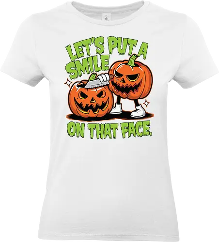 Let's put a smile on that face - halloween, pumpkins, carving, humor, spooky, playful, mischievous, grin - Standard T-Shirt (Women)