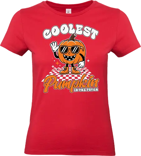 Coolest Pumpkin in the Patch - pumpkin, sunglasses, waving, cartoon, typography, checkered, boots, fun, character, halloween - Standard T-Shirt (Women)