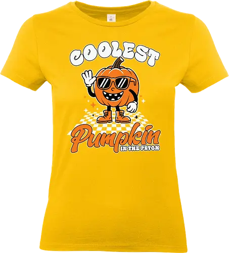 Coolest Pumpkin in the Patch - pumpkin, sunglasses, waving, cartoon, typography, checkered, boots, fun, character, halloween - Standard T-Shirt (Women)