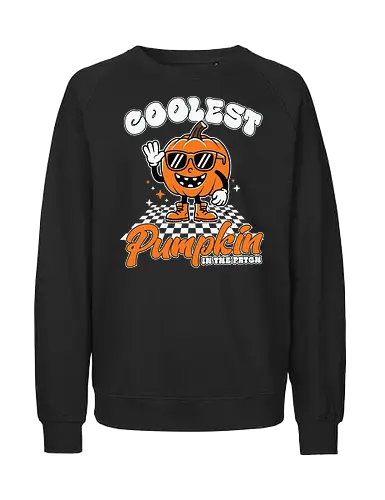 Coolest Pumpkin in the Patch - pumpkin, sunglasses, waving, cartoon, typography, checkered, boots, fun, character, halloween - Fairtrade Sweatshirt