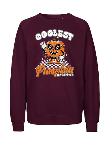 Coolest Pumpkin in the Patch - pumpkin, sunglasses, waving, cartoon, typography, checkered, boots, fun, character, halloween - Fairtrade Sweatshirt
