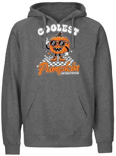 Coolest Pumpkin in the Patch - pumpkin, sunglasses, waving, cartoon, typography, checkered, boots, fun, character, halloween - Fairtrade Hoodie