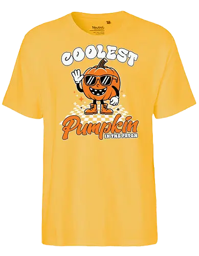 Coolest Pumpkin in the Patch - pumpkin, sunglasses, waving, cartoon, typography, checkered, boots, fun, character, halloween - Fairtrade T-Shirt