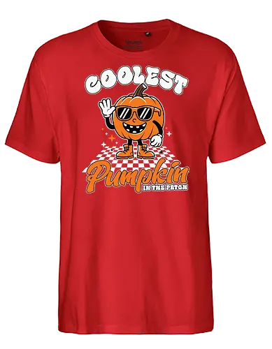 Coolest Pumpkin in the Patch - pumpkin, sunglasses, waving, cartoon, typography, checkered, boots, fun, character, halloween - Fairtrade T-Shirt