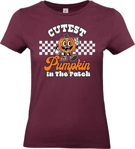 Cutest Pumpkin in the Patch - pumpkin, cartoon, cute, halloween, checkerboard, typography, character, friendly, orange - Standard T-Shirt (Women)