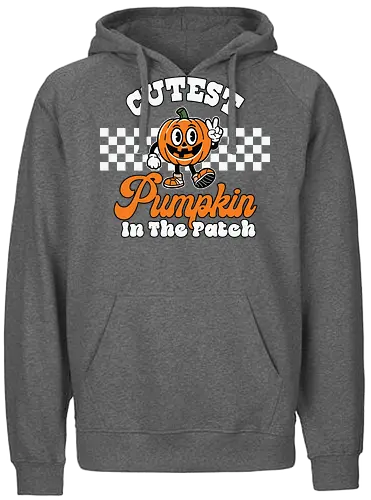 Cutest Pumpkin in the Patch - pumpkin, cartoon, cute, halloween, checkerboard, typography, character, friendly, orange - Fairtrade Hoodie