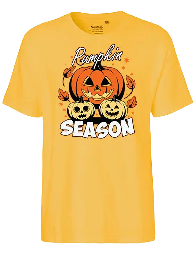 Pumpkin Season - halloween, pumpkins, autumn, jack-o'-lanterns, leaves, stars, design, festive, seasonal, decoration - Fairtrade T-Shirt