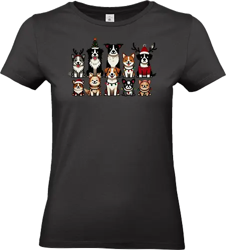 Dogs of Christmas - dogs, cartoon, christmas, festive, holiday, santa hats, reindeer antlers, accessories, cheerful - Standard T-Shirt (Women)
