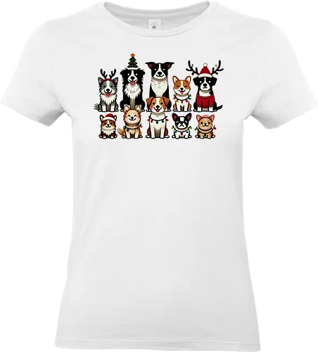 Dogs of Christmas - dogs, cartoon, christmas, festive, holiday, santa hats, reindeer antlers, accessories, cheerful - Standard T-Shirt (Women)