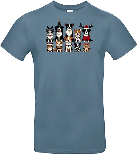 Dogs of Christmas - dogs, cartoon, christmas, festive, holiday, santa hats, reindeer antlers, accessories, cheerful - Standard T-Shirt