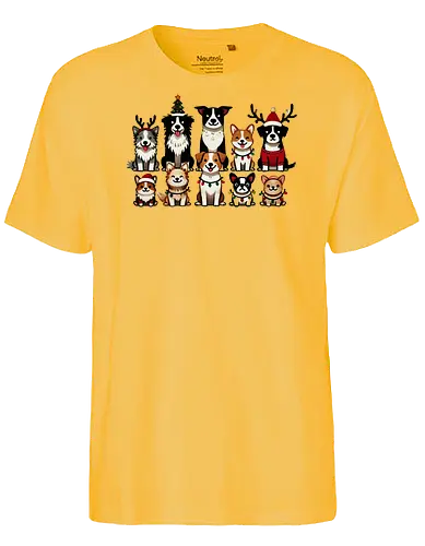 Dogs of Christmas - dogs, cartoon, christmas, festive, holiday, santa hats, reindeer antlers, accessories, cheerful - Fairtrade T-Shirt