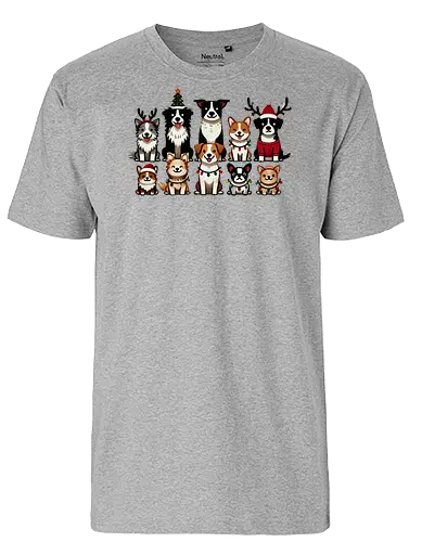 Dogs of Christmas - dogs, cartoon, christmas, festive, holiday, santa hats, reindeer antlers, accessories, cheerful - Fairtrade T-Shirt