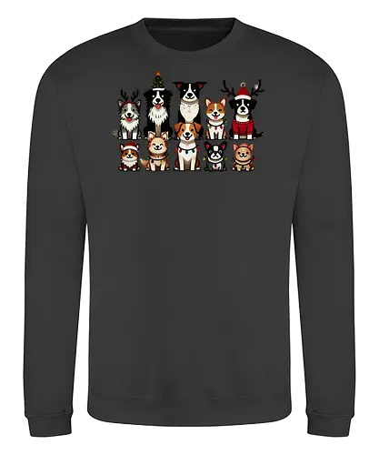 Dogs of Christmas - dogs, cartoon, christmas, festive, holiday, santa hats, reindeer antlers, accessories, cheerful - Sweatshirt