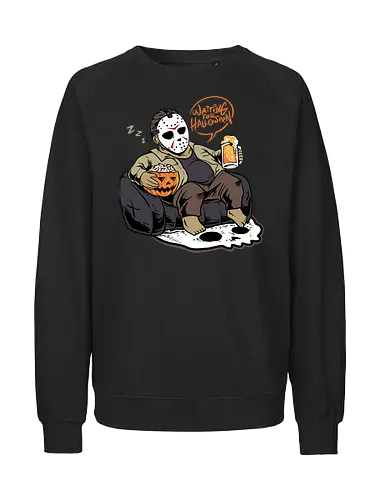 bored jason  - horror, halloween, cool, cute, fun, jasonvoorhees, mask, beer, trickortreat, drink, lazy, bored, cartoon, monster - Fairtrade Sweatshirt