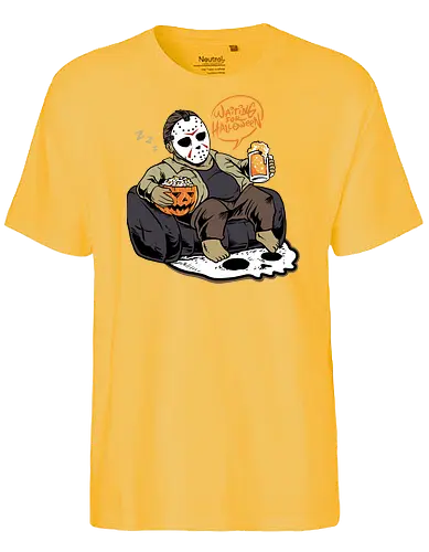 bored jason  - horror, halloween, cool, cute, fun, jasonvoorhees, mask, beer, trickortreat, drink, lazy, bored, cartoon, monster - Fairtrade T-Shirt