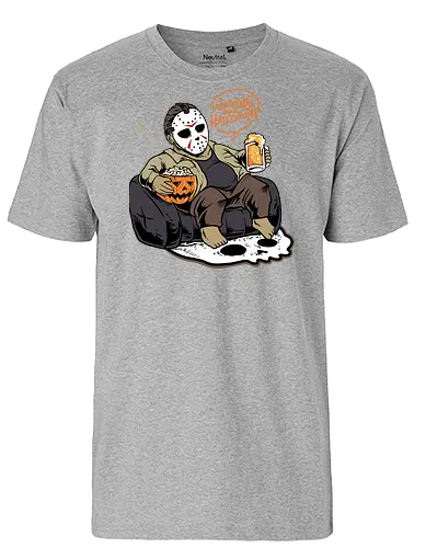 bored jason  - horror, halloween, cool, cute, fun, jasonvoorhees, mask, beer, trickortreat, drink, lazy, bored, cartoon, monster - Fairtrade T-Shirt