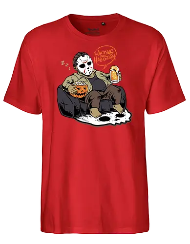 bored jason  - horror, halloween, cool, cute, fun, jasonvoorhees, mask, beer, trickortreat, drink, lazy, bored, cartoon, monster - Fairtrade T-Shirt