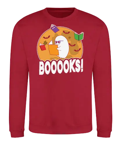 BOOOOKS - ghost, books, bats, glasses, moon, reading, halloween, cartoon, humor, spooky - Sweatshirt