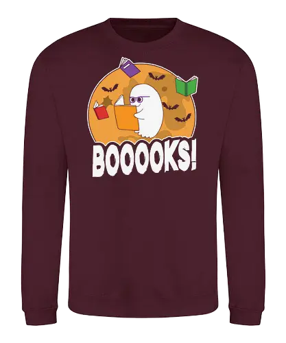 BOOOOKS - ghost, books, bats, glasses, moon, reading, halloween, cartoon, humor, spooky - Sweatshirt