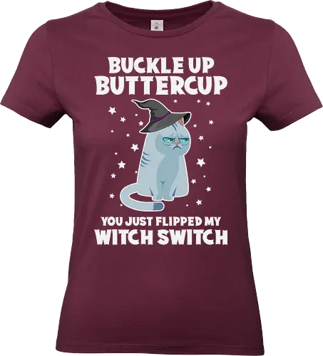 Buckle up buttercup, you just flipped my witch switch - cat, witch, hat, grumpy, stars, humor, cute, halloween - Standard T-Shirt (Women)