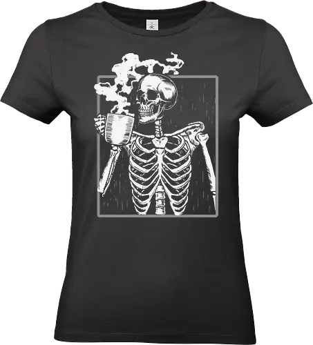  skeleton drinking coffee - skeleton, coffee, steam, monochrome, humor, macabre, drink, skull, illustration - Standard T-Shirt (Women)