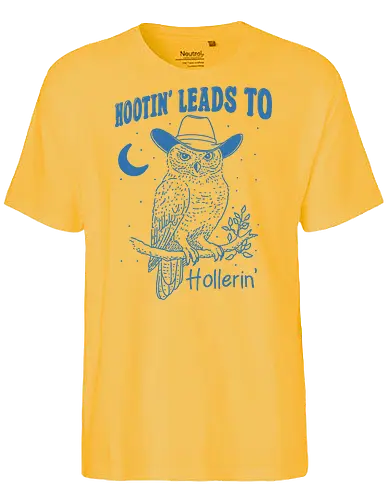 Hootin’ Hollerin - hootin, hollerin, owl, cowboy, western, minimalist, meme, funny, humor - Fairtrade T-Shirt