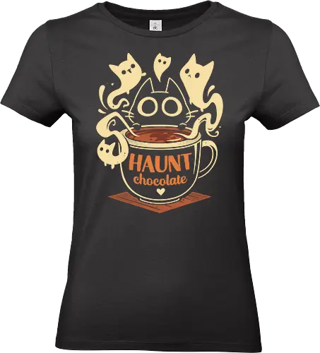 Haunt Chocolate - black cat, ghost, hot chocolate, halloween, horror, spooky, scary, funny, pun, cute kawaii, paranormal, phantom, kitten, kitty - Standard T-Shirt (Women)