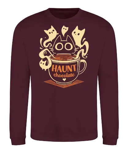 Haunt Chocolate - black cat, ghost, hot chocolate, halloween, horror, spooky, scary, funny, pun, cute kawaii, paranormal, phantom, kitten, kitty - Sweatshirt