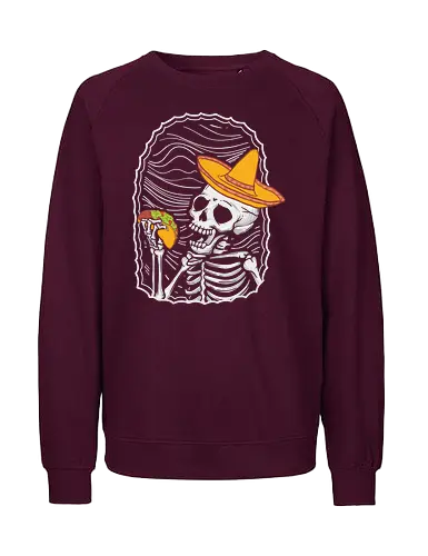 Skeleton eating taco - skeleton, sombrero, taco, humor, vibrant, contrast, monochrome, playful, framed, design - Fairtrade Sweatshirt