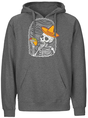 Skeleton eating taco - skeleton, sombrero, taco, humor, vibrant, contrast, monochrome, playful, framed, design - Fairtrade Hoodie