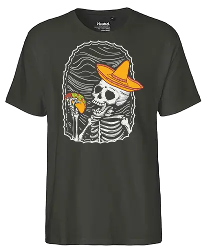 Skeleton eating taco - skeleton, sombrero, taco, humor, vibrant, contrast, monochrome, playful, framed, design - Fairtrade T-Shirt