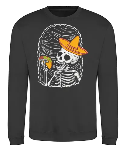 Skeleton eating taco - skeleton, sombrero, taco, humor, vibrant, contrast, monochrome, playful, framed, design - Sweatshirt