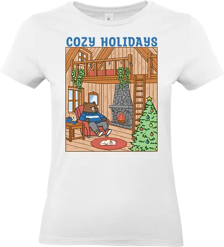 Cozy Holidays in the Cabin - cottage, cabin, Xmas, cozy, holiday, snowfall, snow, warm, merry Christmas, Christmas, bear - Standard T-Shirt (Women)