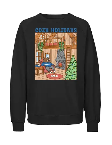 Cozy Holidays in the Cabin - cottage, cabin, Xmas, cozy, holiday, snowfall, snow, warm, merry Christmas, Christmas, bear - Fairtrade Sweatshirt