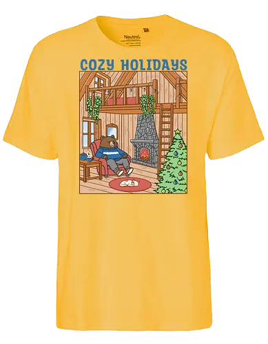 Cozy Holidays in the Cabin - cottage, cabin, Xmas, cozy, holiday, snowfall, snow, warm, merry Christmas, Christmas, bear - Fairtrade T-Shirt