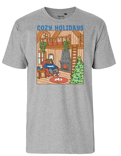 Cozy Holidays in the Cabin - cottage, cabin, Xmas, cozy, holiday, snowfall, snow, warm, merry Christmas, Christmas, bear - Fairtrade T-Shirt