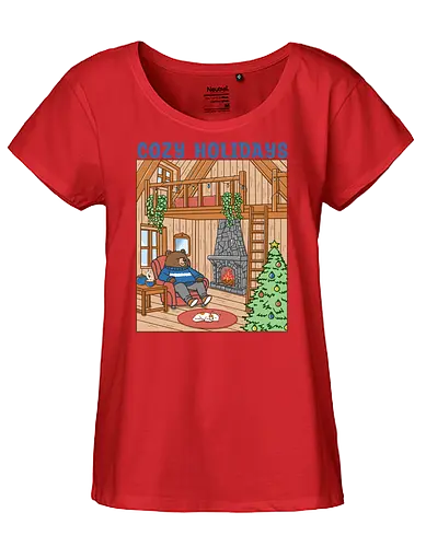 Cozy Holidays in the Cabin - cottage, cabin, Xmas, cozy, holiday, snowfall, snow, warm, merry Christmas, Christmas, bear - Fairtrade Girl Shirt