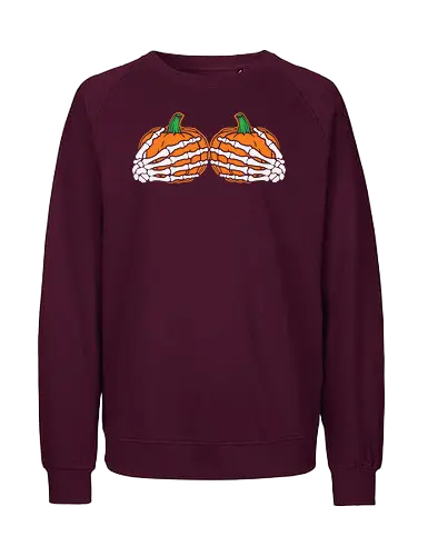 Pumpkins wrapped with skeleton hands - pumpkins, skeleton, halloween, orange, contrast, spooky, design, graphic, festive - Fairtrade Sweatshirt
