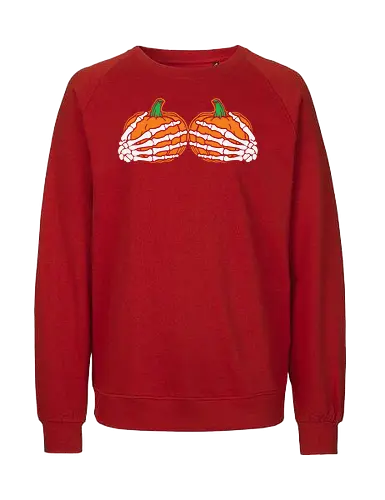 Pumpkins wrapped with skeleton hands - pumpkins, skeleton, halloween, orange, contrast, spooky, design, graphic, festive - Fairtrade Sweatshirt