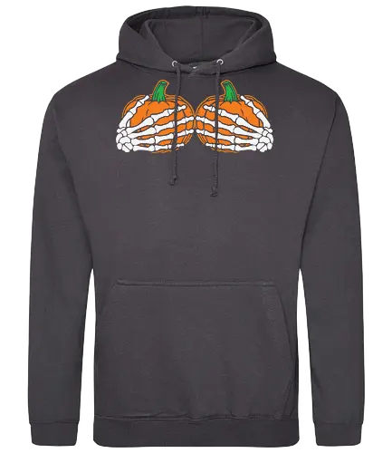 Pumpkins wrapped with skeleton hands - pumpkins, skeleton, halloween, orange, contrast, spooky, design, graphic, festive - Standard Hoodie