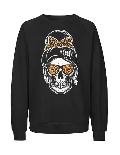 Skull with hair bow - skull, leopard print, sunglasses, hair bow, grayscale, fashion, style, edgy, contrast, trendy - Fairtrade Sweatshirt