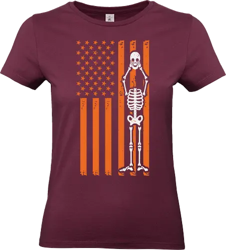Skeleton and American flag - skeleton, american flag, orange, brown, stars and stripes, contrast, design, integration, bold, unique - Standard T-Shirt (Women)