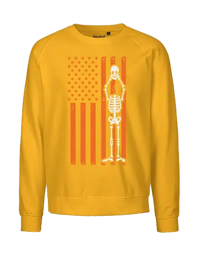 Skeleton and American flag - skeleton, american flag, orange, brown, stars and stripes, contrast, design, integration, bold, unique - Fairtrade Sweatshirt