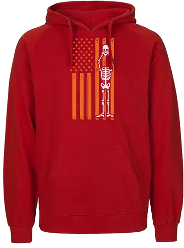 Skeleton and American flag - skeleton, american flag, orange, brown, stars and stripes, contrast, design, integration, bold, unique - Fairtrade Hoodie