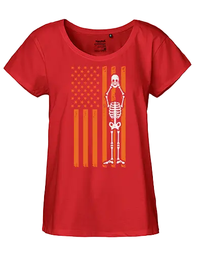 Skeleton and American flag - skeleton, american flag, orange, brown, stars and stripes, contrast, design, integration, bold, unique - Fairtrade Girl Shirt